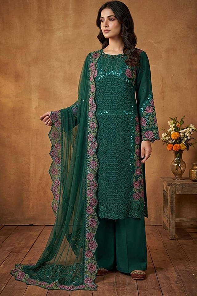 Emerald Green Raw Silk Embroidered 3-Piece Suit-SZ-2033