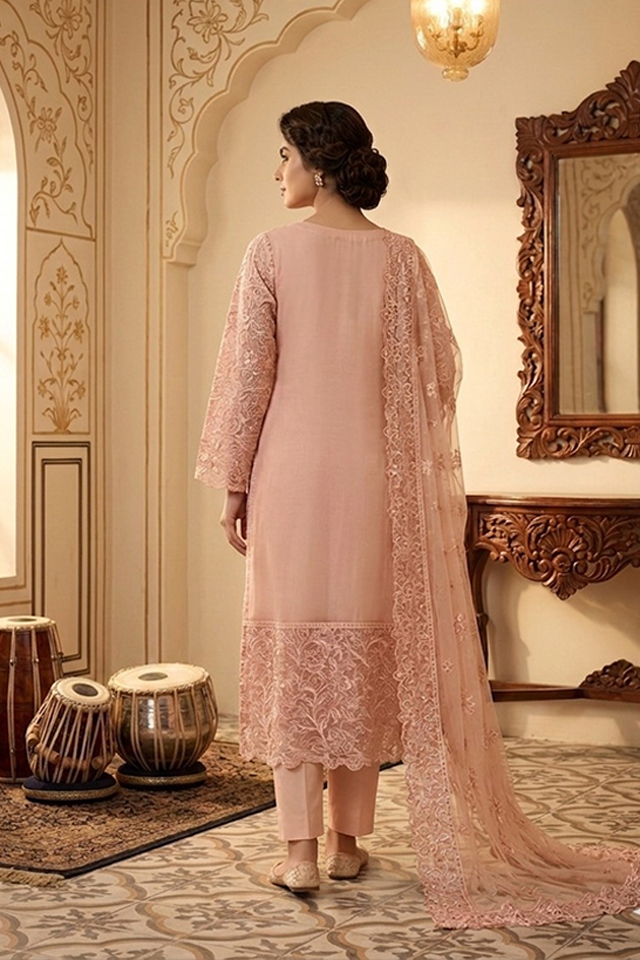 Peach Chiffon Embroidered 3-Piece Suit-SZ-2027