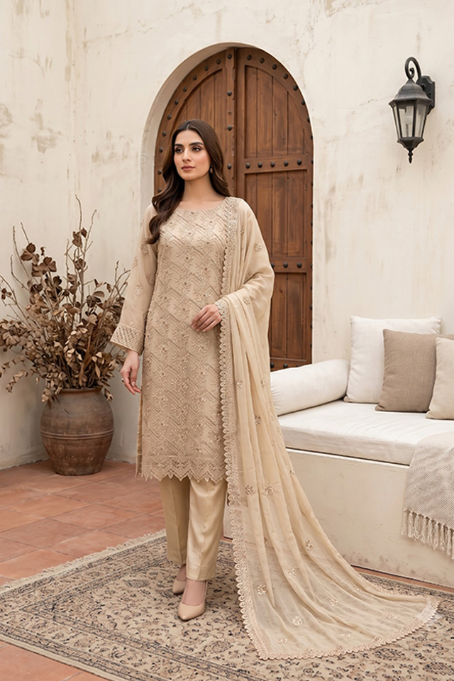 Skin Chiffon Embroidered 3-Piece Suit-SZ-2026