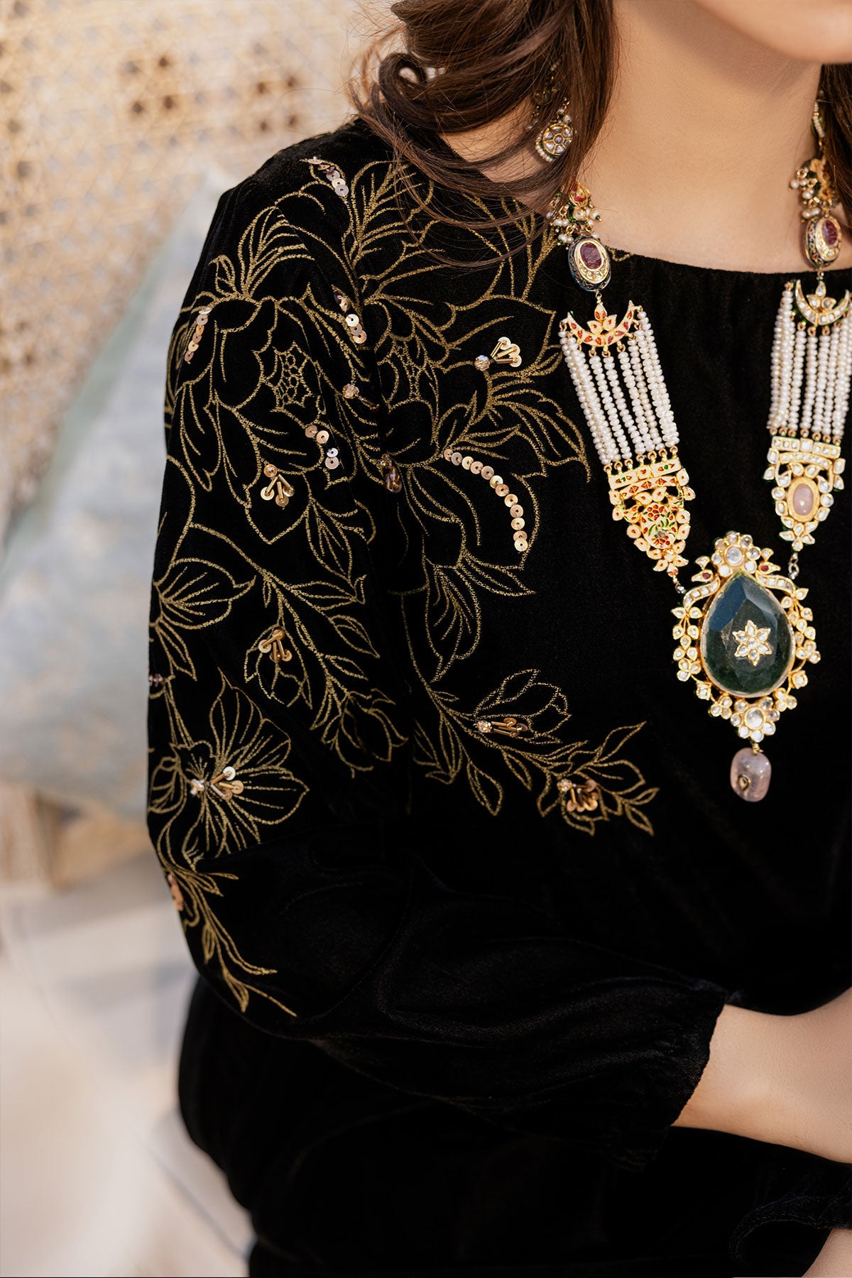 Embellished Black Velvet Shirt – Side Slit Long Silhouette-SZ-2016