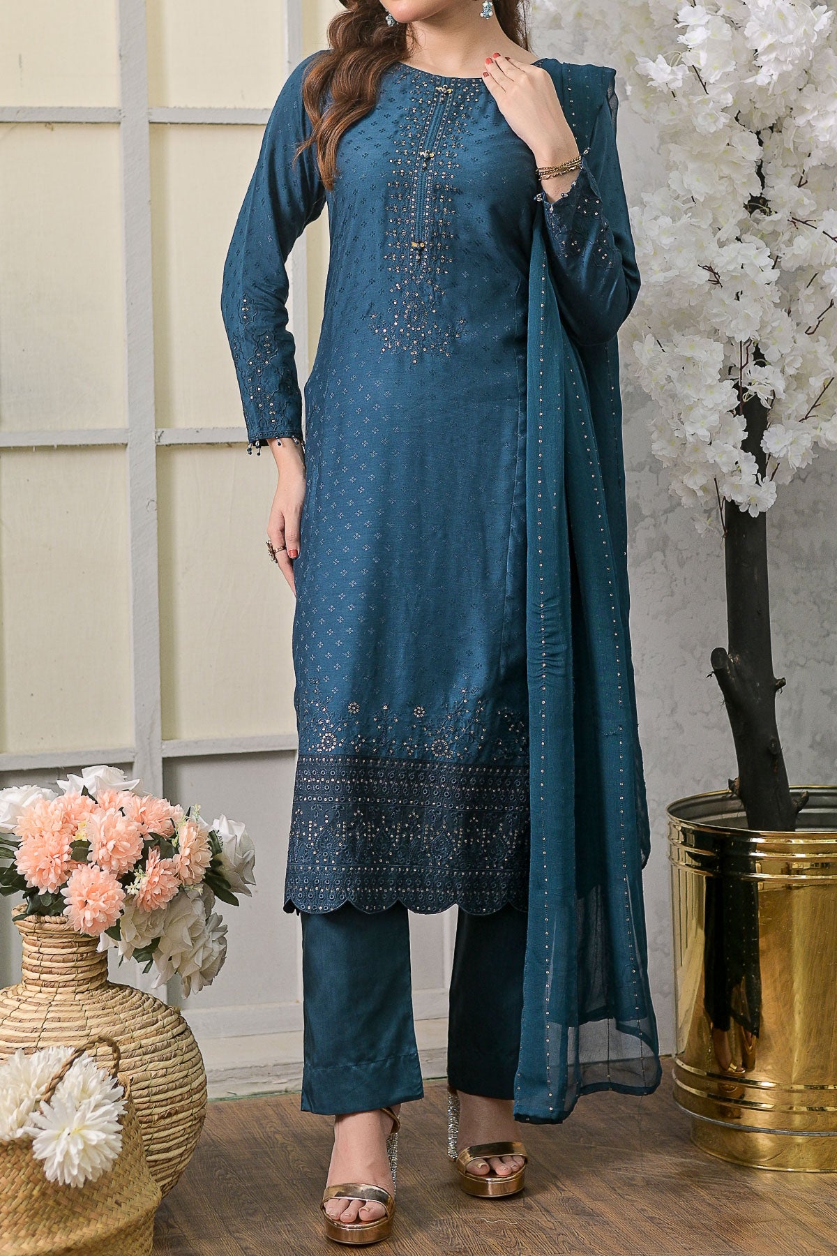 Blue Embroidered 3 Piece Viscose Suit with Chiffon Dupatta-SZ-2021