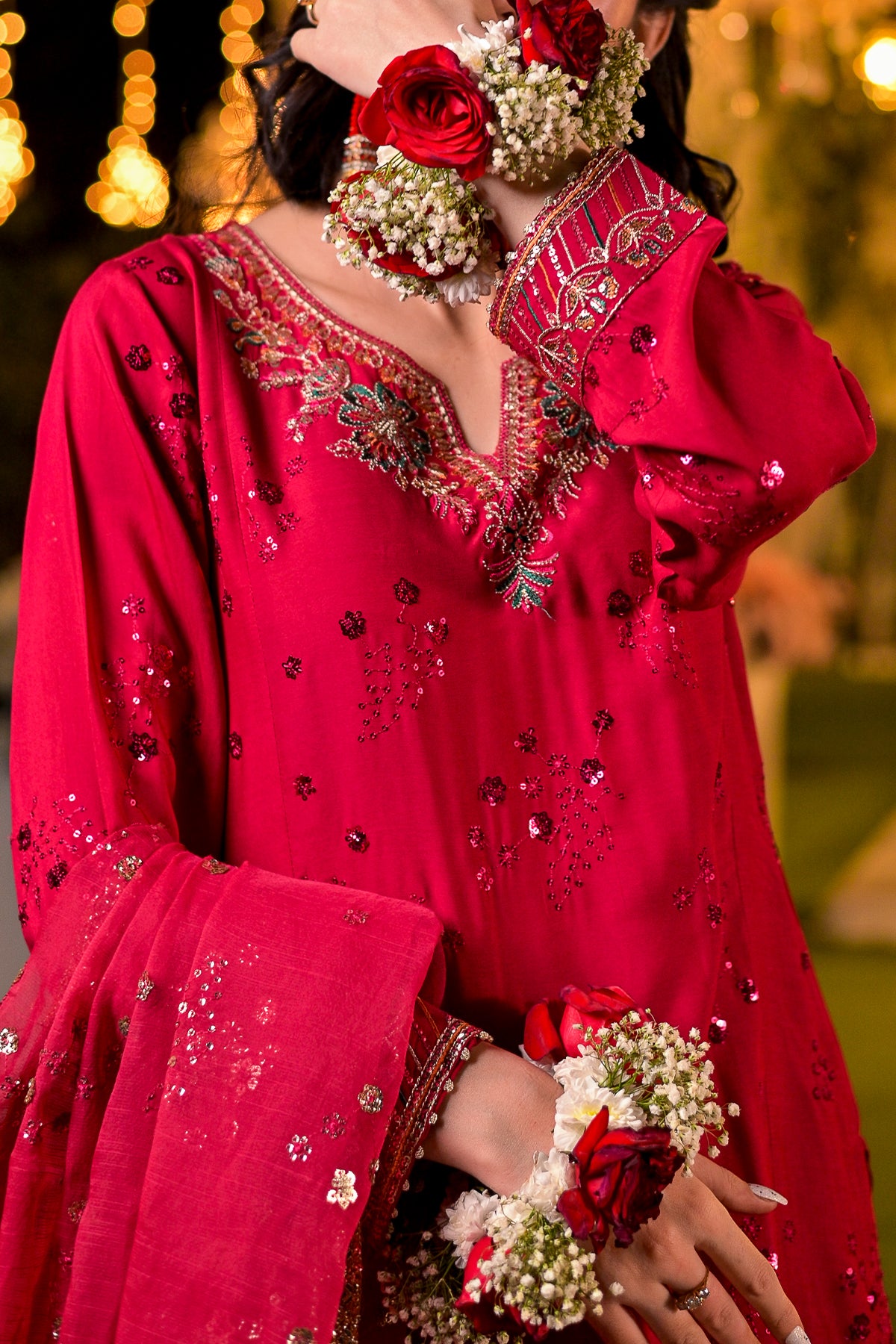 Shocking Pink Embroidered Viscose Shirt with Culottes & Sequin Work-SZ-2019