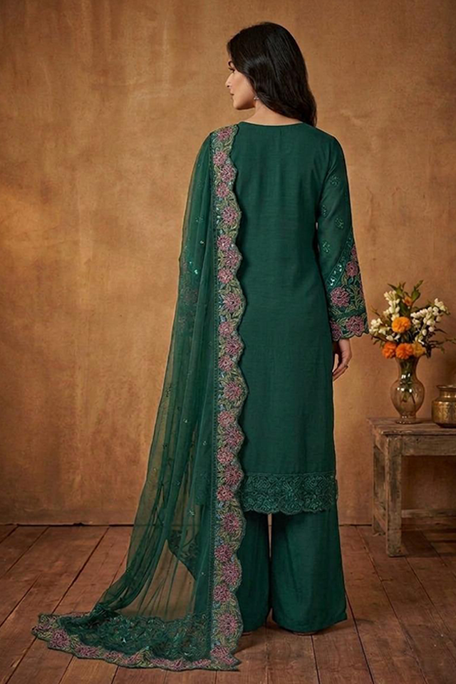 Emerald Green Raw Silk Embroidered 3-Piece Suit-SZ-2033