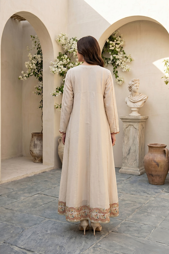 Off-White Raw Silk Embroidered Frock 3-Piece Suit-SZ-2028