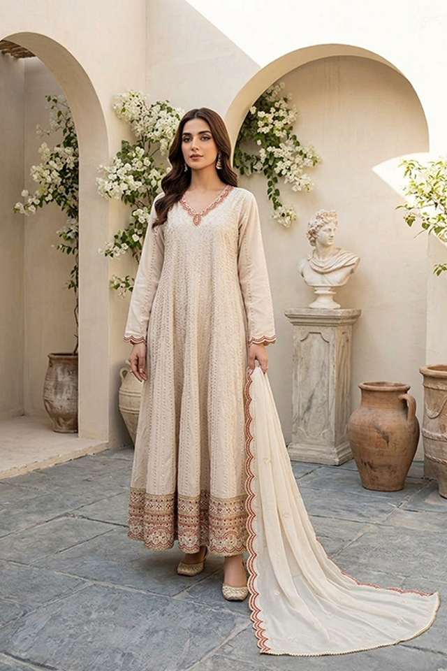 Off-White Raw Silk Embroidered Frock 3-Piece Suit-SZ-2028