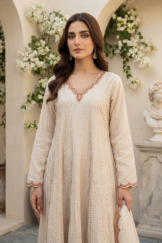 Off-White Raw Silk Embroidered Frock 3-Piece Suit-SZ-2028