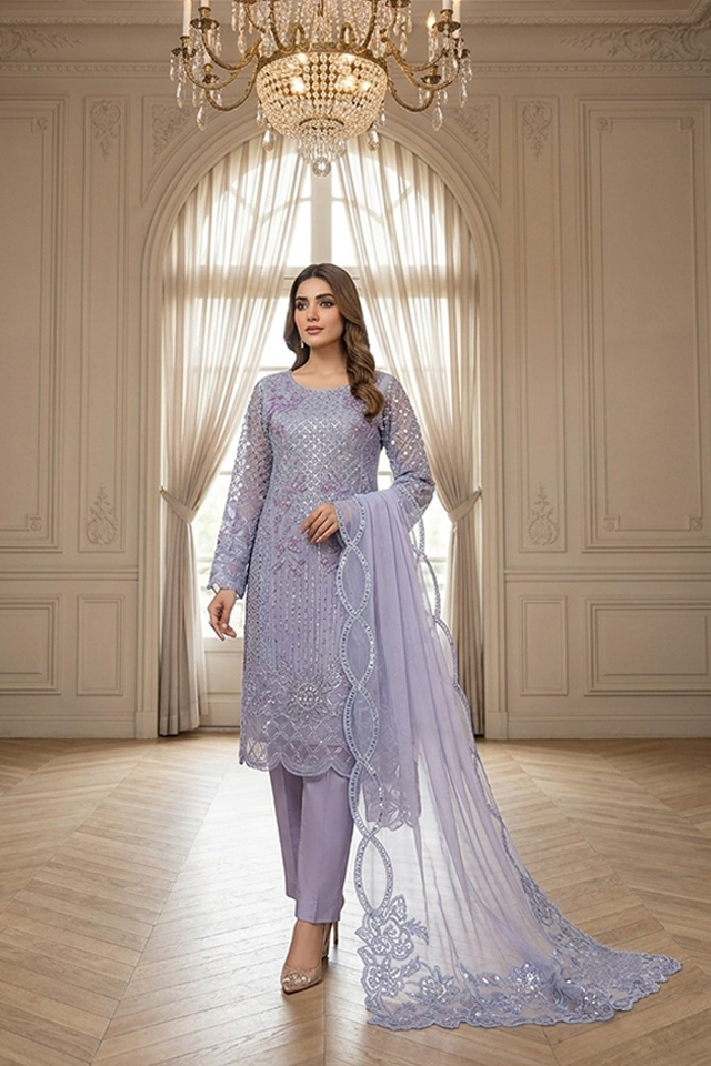 Lavender Chiffon Embroidered 3-Piece Suitr-SZ-2025