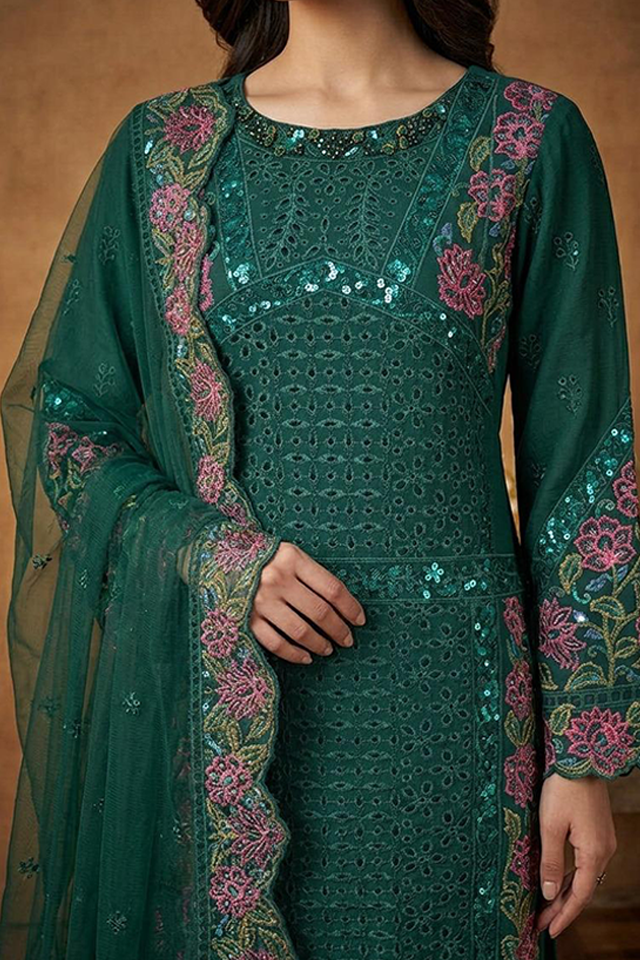 Emerald Green Raw Silk Embroidered 3-Piece Suit-SZ-2033