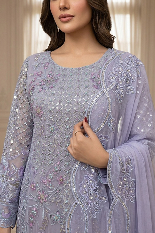 Lavender Chiffon Embroidered 3-Piece Suitr-SZ-2025