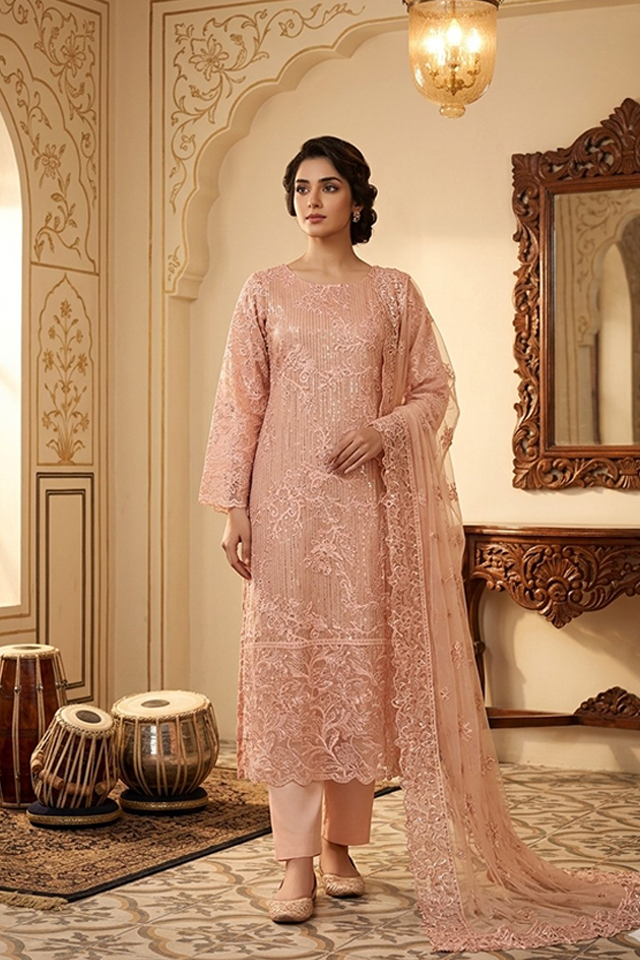 Peach Chiffon Embroidered 3-Piece Suit-SZ-2027