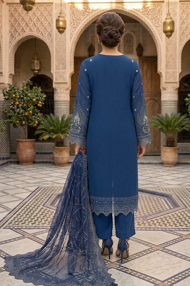 Navy Blue Chiffon Embroidered Culotte 3-Piece Suit-SZ-2032