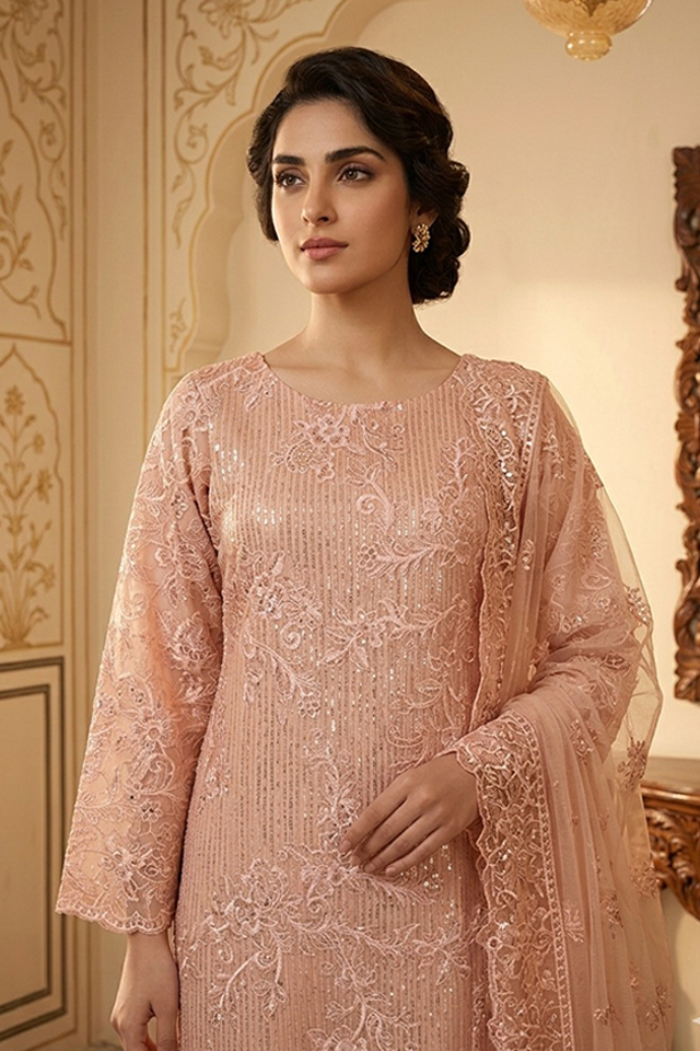 Peach Chiffon Embroidered 3-Piece Suit-SZ-2027