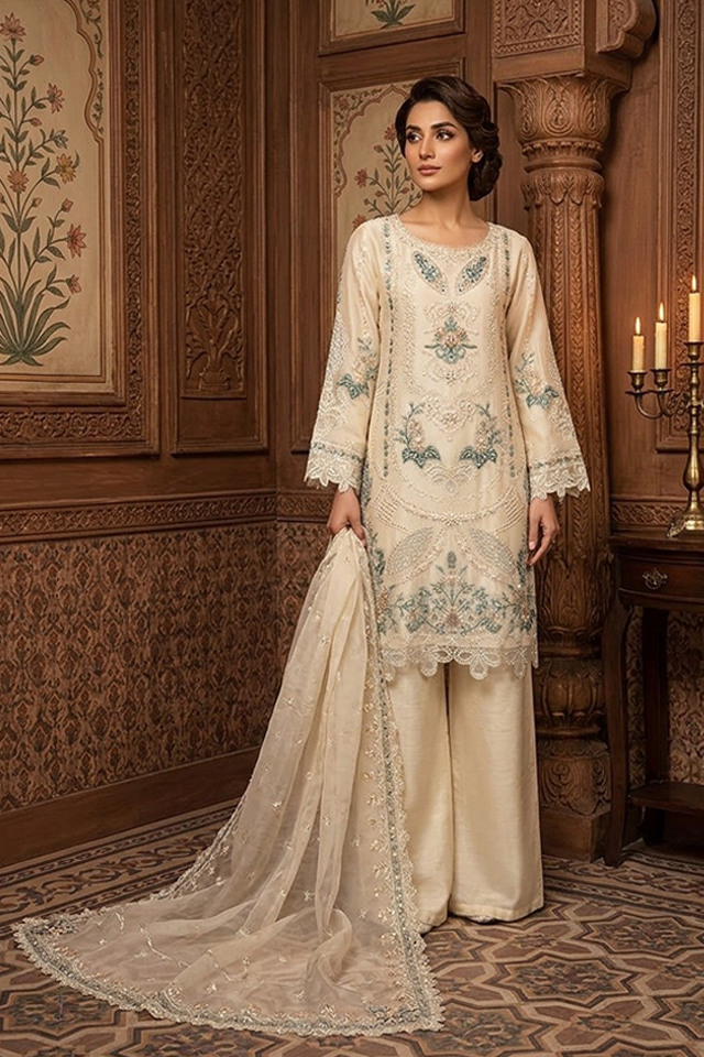 Skin Chiffon Embroidered Sharara 3-Piece Suit-SZ-2029