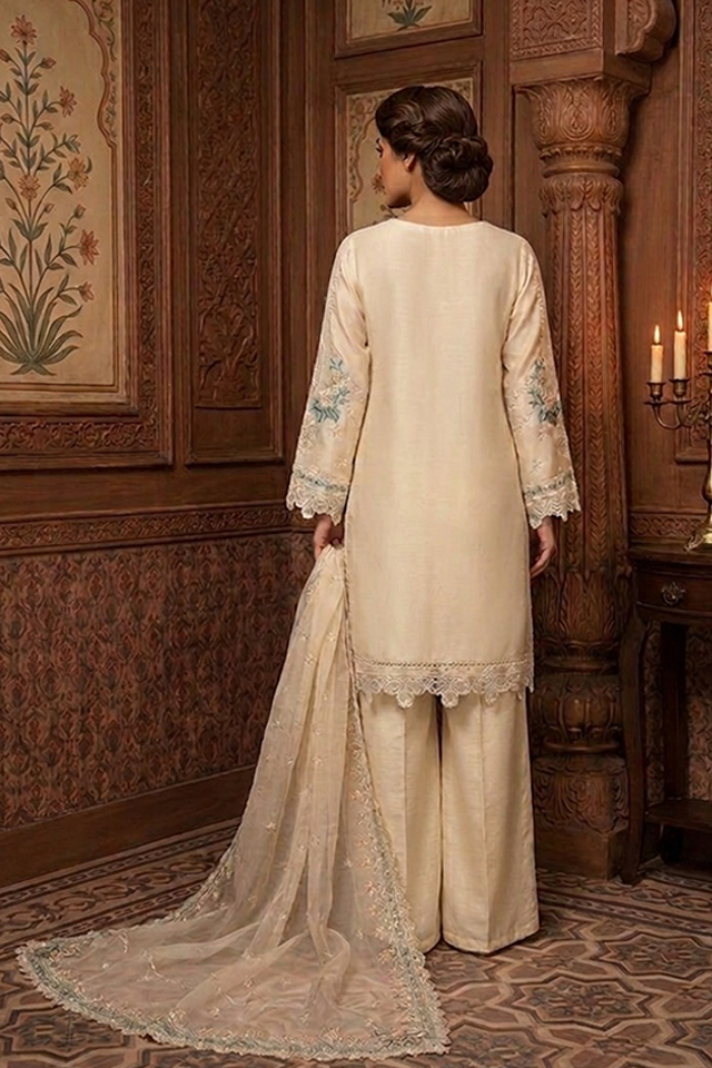 Skin Chiffon Embroidered Sharara 3-Piece Suit-SZ-2029