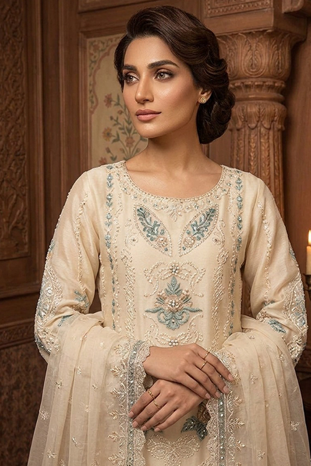 Skin Chiffon Embroidered Sharara 3-Piece Suit-SZ-2029