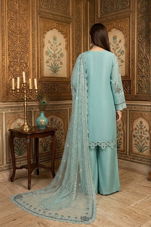Powder Blue Chiffon Embroidered Sharara 3-Piece Suit-SZ-2030