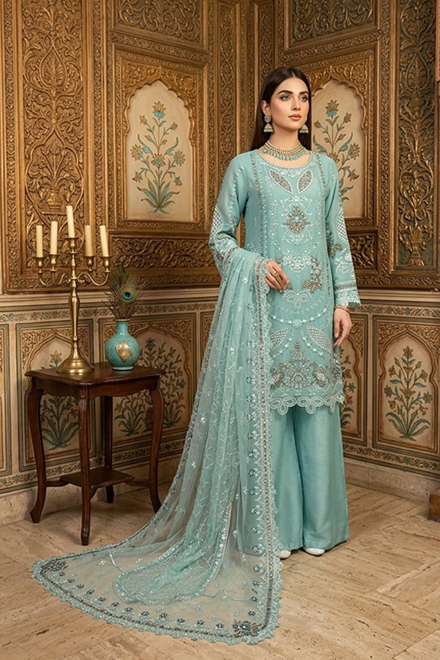 Powder Blue Chiffon Embroidered Sharara 3-Piece Suit-SZ-2030
