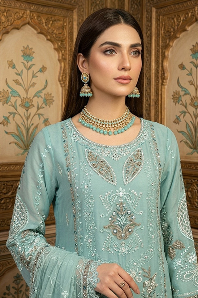 Powder Blue Chiffon Embroidered Sharara 3-Piece Suit-SZ-2030