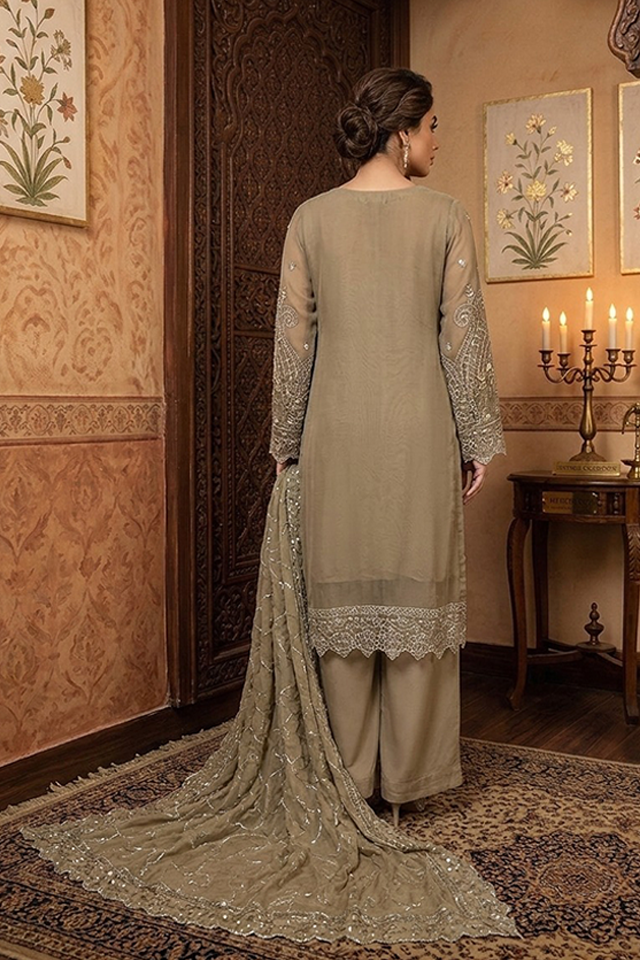 Beige Chiffon Embroidered Culotte 3-Piece Suit-SZ-2031