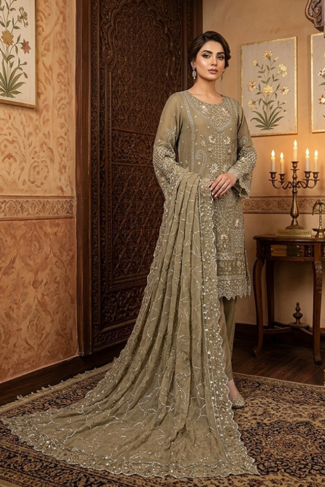Beige Chiffon Embroidered Culotte 3-Piece Suit-SZ-2031