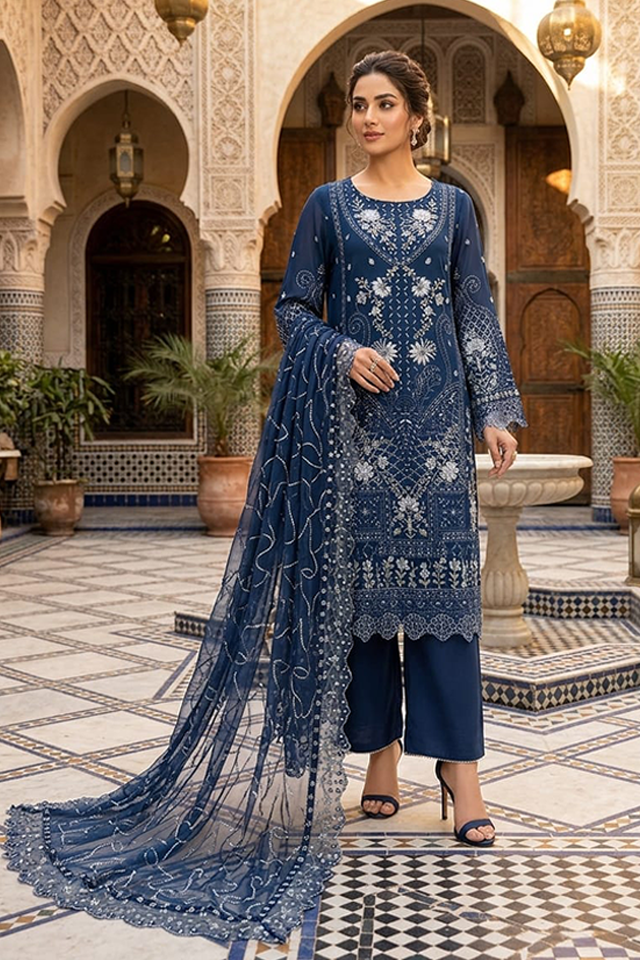 Navy Blue Chiffon Embroidered Culotte 3-Piece Suit-SZ-2032
