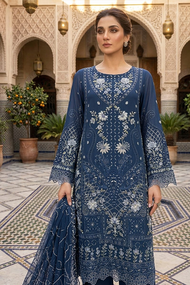 Navy Blue Chiffon Embroidered Culotte 3-Piece Suit-SZ-2032