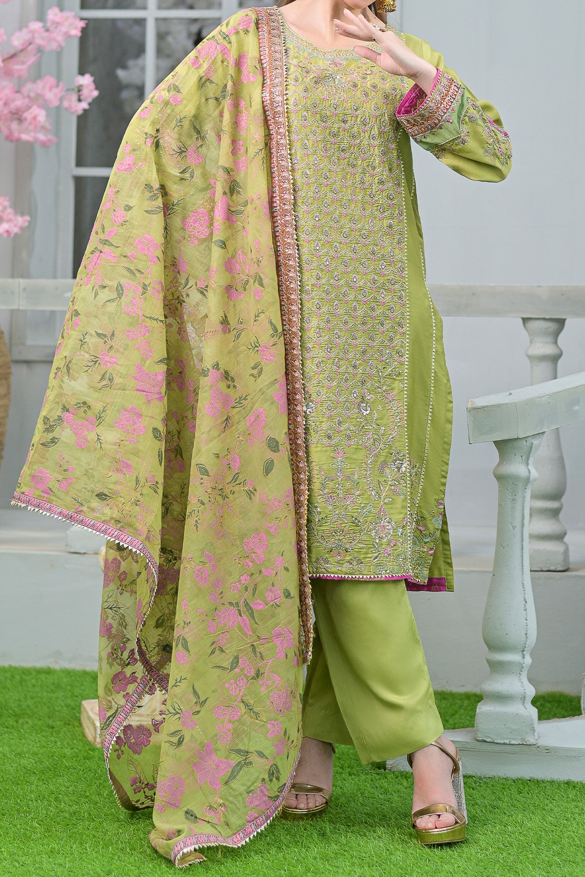 WOMEN'S-3 PIECE PRINTED RAW SILK | DPV-219