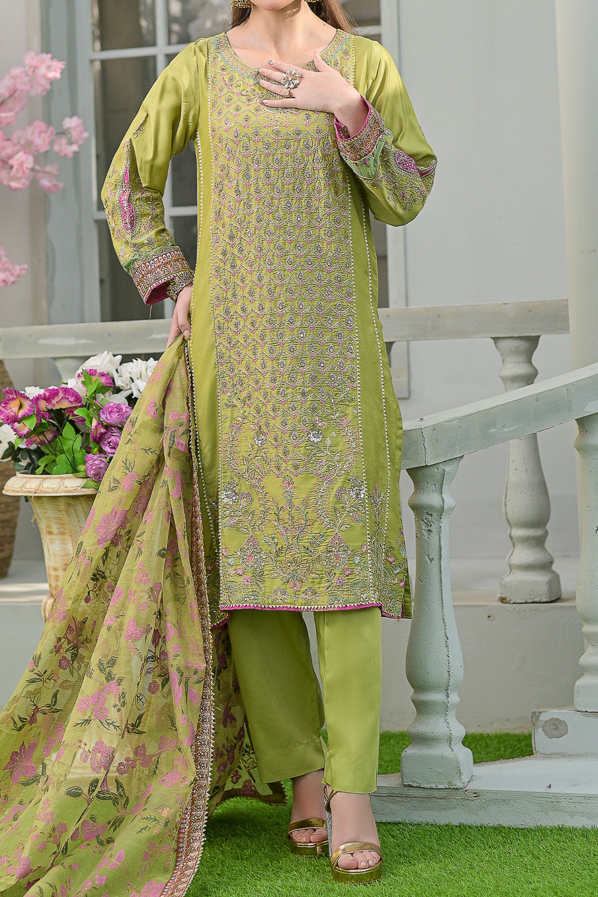 WOMEN'S-3 PIECE PRINTED RAW SILK | DPV-219