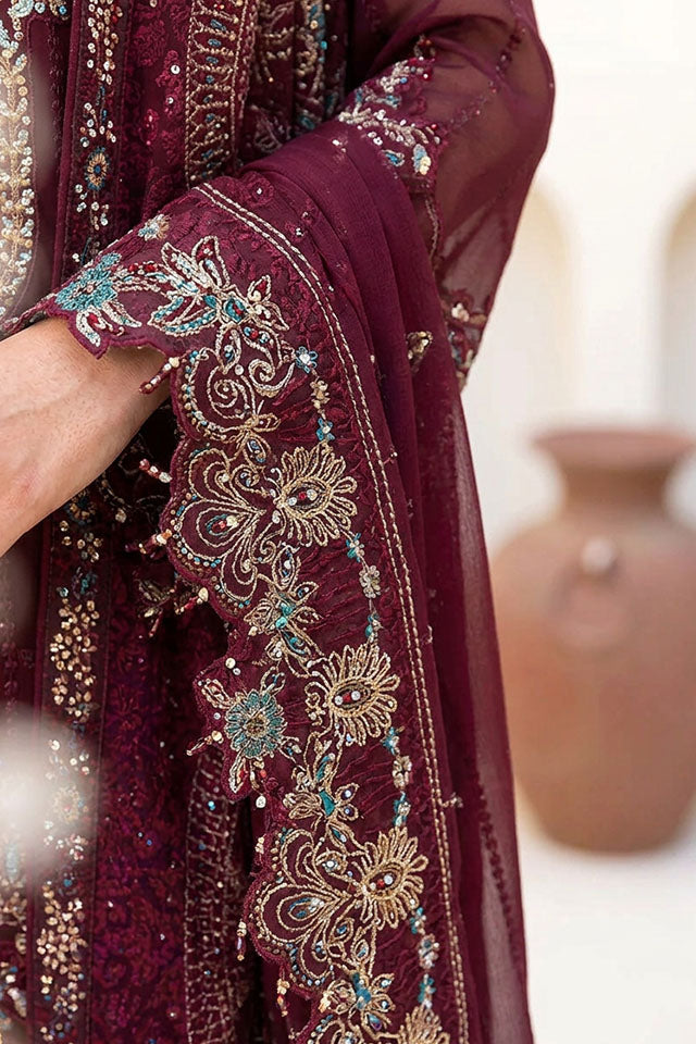 Embroidered Chiffon Ensemble with Sequin Work & Raw Silk Trouser - SZ-2019