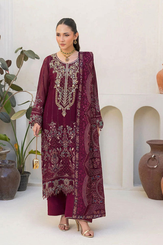 Embroidered Chiffon Ensemble with Sequin Work & Raw Silk Trouser - SZ-2019