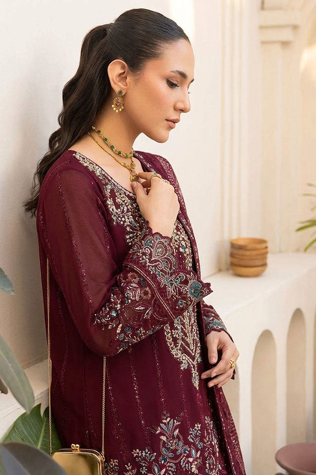 Embroidered Chiffon Ensemble with Sequin Work & Raw Silk Trouser - SZ-2019