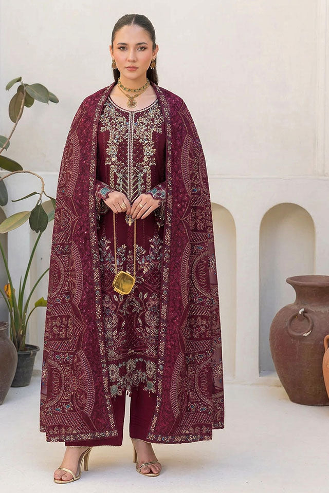 Embroidered Chiffon Ensemble with Sequin Work & Raw Silk Trouser - SZ-2019