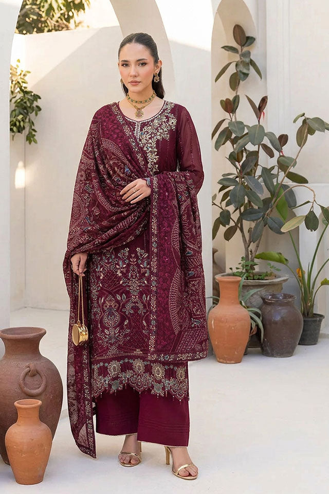 Embroidered Chiffon Ensemble with Sequin Work & Raw Silk Trouser - SZ-2019