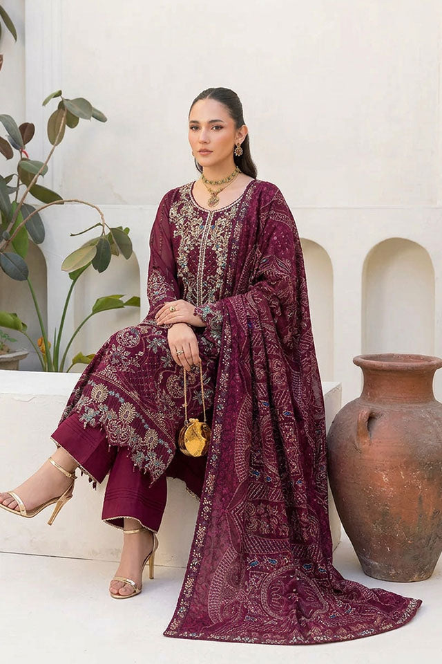 Embroidered Chiffon Ensemble with Sequin Work & Raw Silk Trouser - SZ-2019
