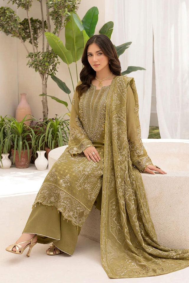 Chiffon Embroidered 3-Piece Suit with Sequins & Raw Silk Trouser-SZ-2024
