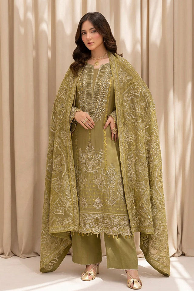 Chiffon Embroidered 3-Piece Suit with Sequins & Raw Silk Trouser-SZ-2024