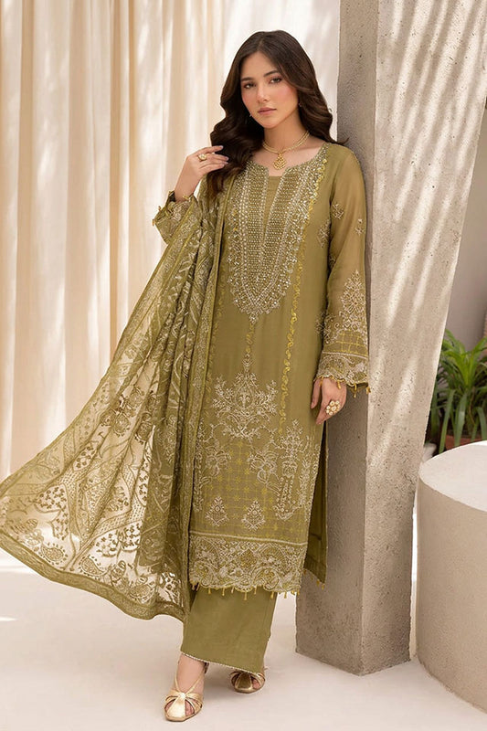 Chiffon Embroidered 3-Piece Suit with Sequins & Raw Silk Trouser-SZ-2024