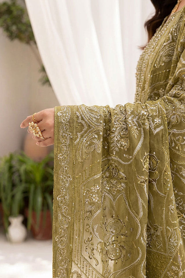 Chiffon Embroidered 3-Piece Suit with Sequins & Raw Silk Trouser-SZ-2024