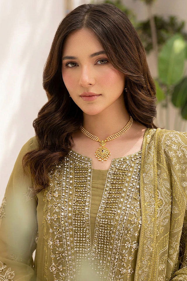Chiffon Embroidered 3-Piece Suit with Sequins & Raw Silk Trouser-SZ-2024