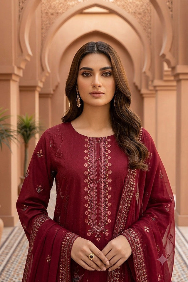 Deep Maroon Embroidered Cotton Ensemble-SZ-2036