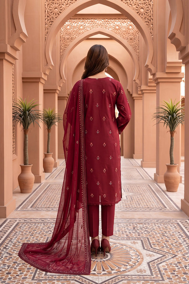 Deep Maroon Embroidered Cotton Ensemble-SZ-2036