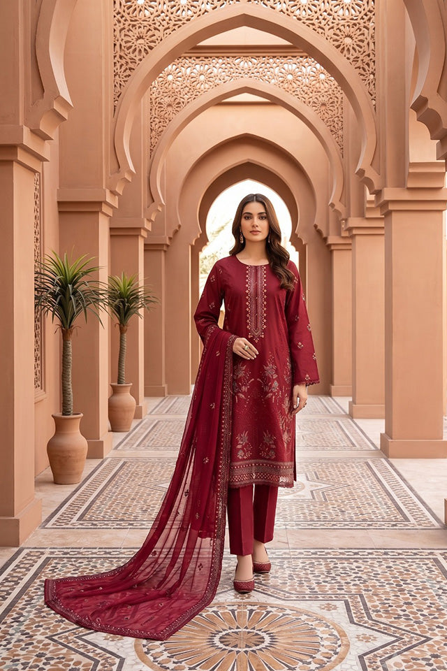 Deep Maroon Embroidered Cotton Ensemble-SZ-2036