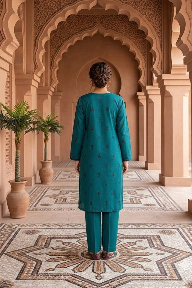 Teal Embroidered Cotton Ensemble-SZ-2034