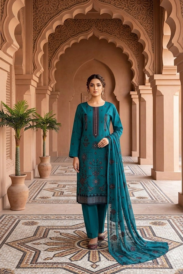 Teal Embroidered Cotton Ensemble-SZ-2034