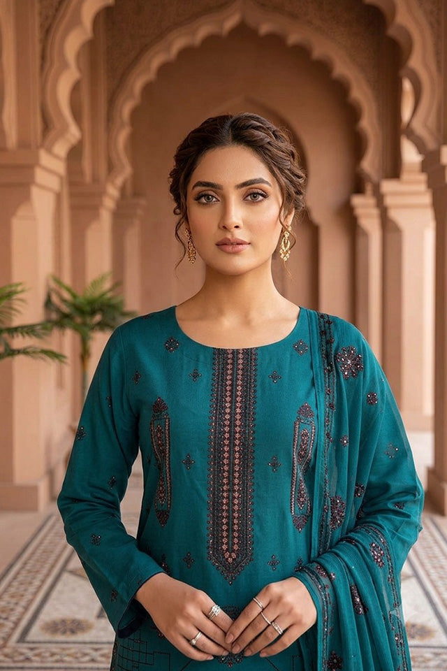 Teal Embroidered Cotton Ensemble-SZ-2034