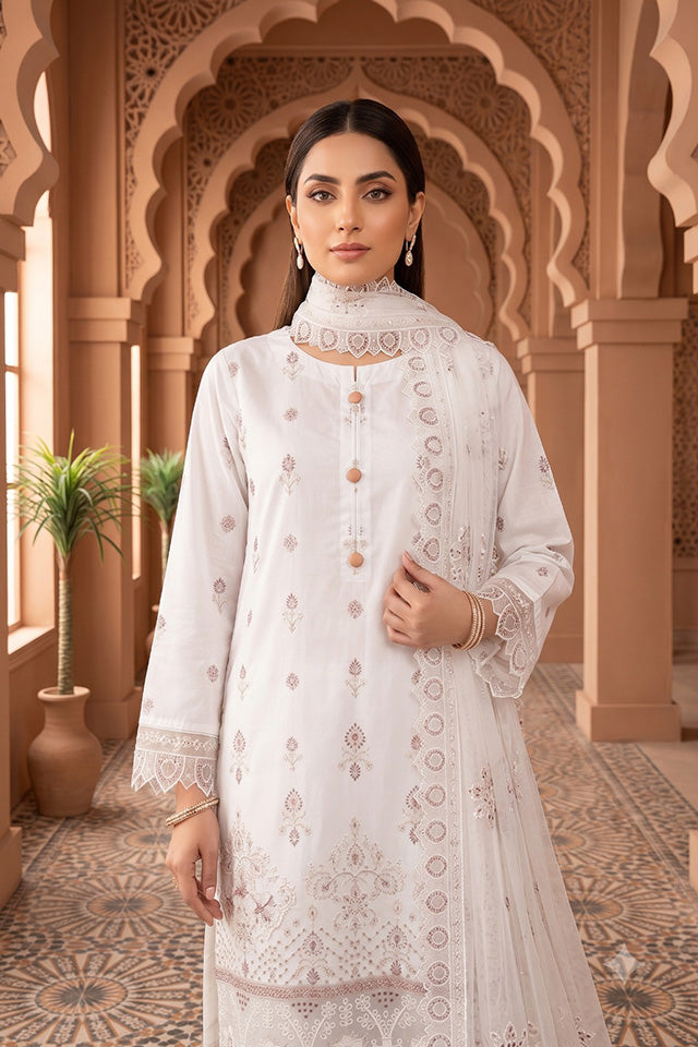 White Embroidered Cotton Ensemble-SZ-2039