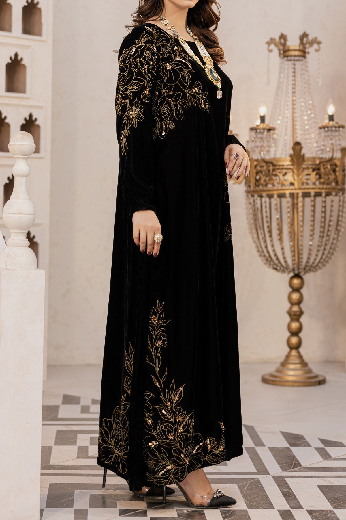Embellished Black Velvet Shirt – Side Slit Long Silhouette-SZ-2016