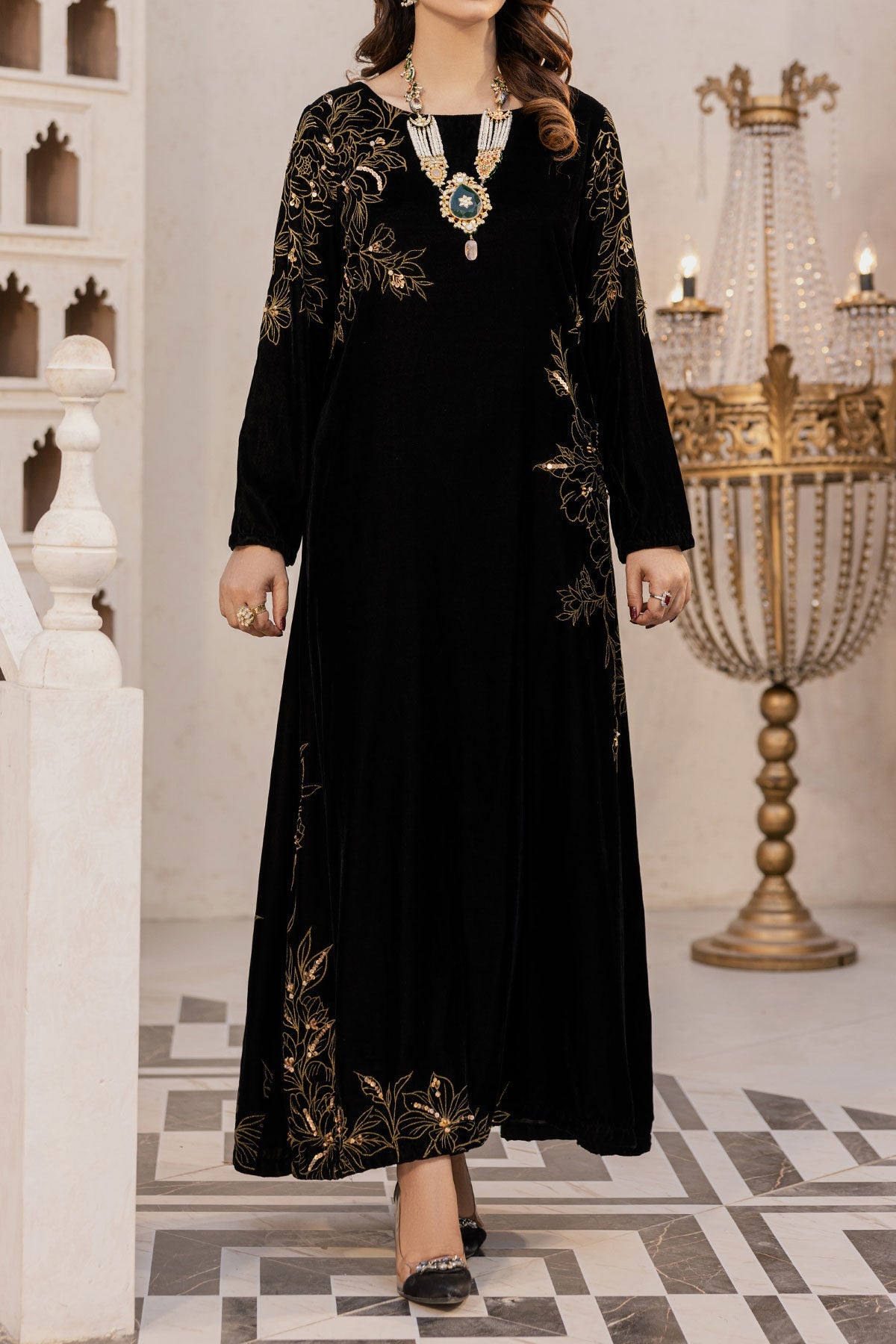 Embellished Black Velvet Shirt – Side Slit Long Silhouette-SZ-2016