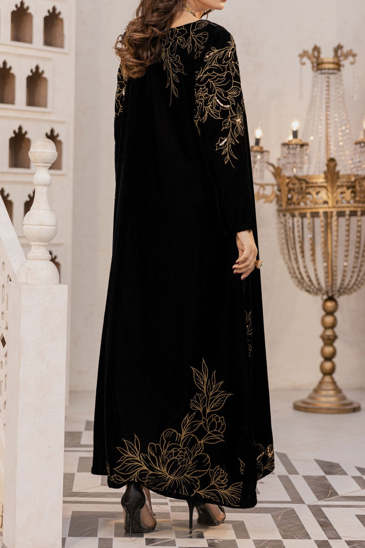 Embellished Black Velvet Shirt – Side Slit Long Silhouette-SZ-2016