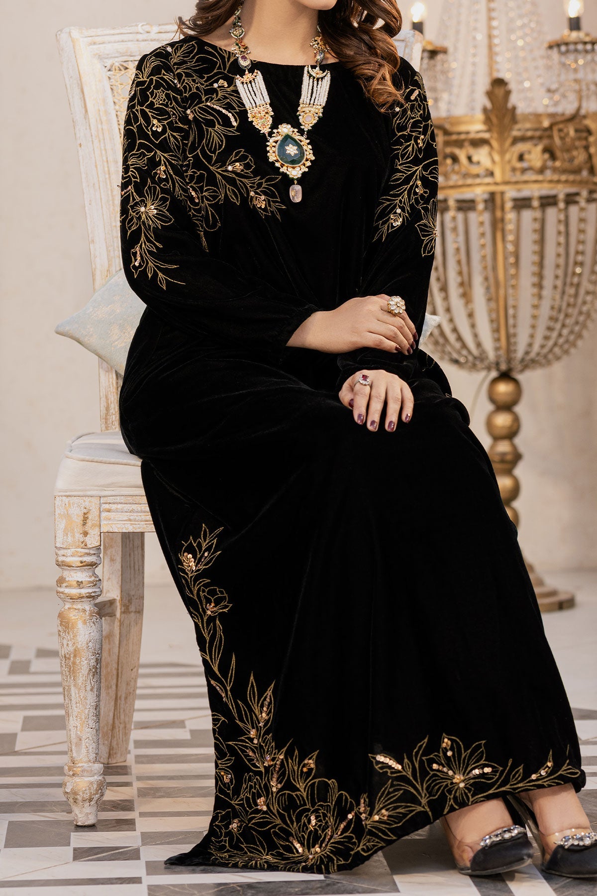 Embellished Black Velvet Shirt – Side Slit Long Silhouette-SZ-2016